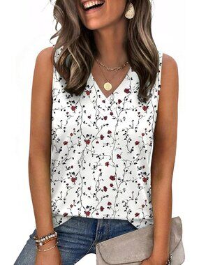Women's Spring Summer V Neck White Sf224 Loose Fit Sleeveless Tops Beach